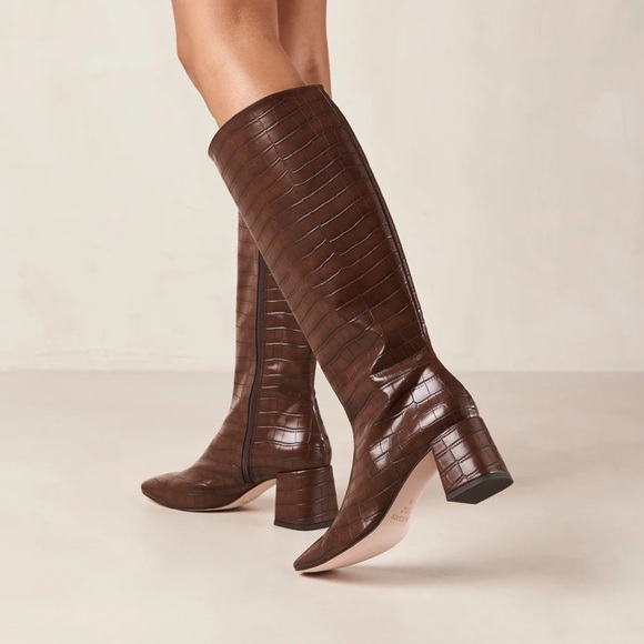 New! $833 Sigerson Morrison Brown Red Knee High Croc Leather‎ block heel boots - Picture 5 of 10